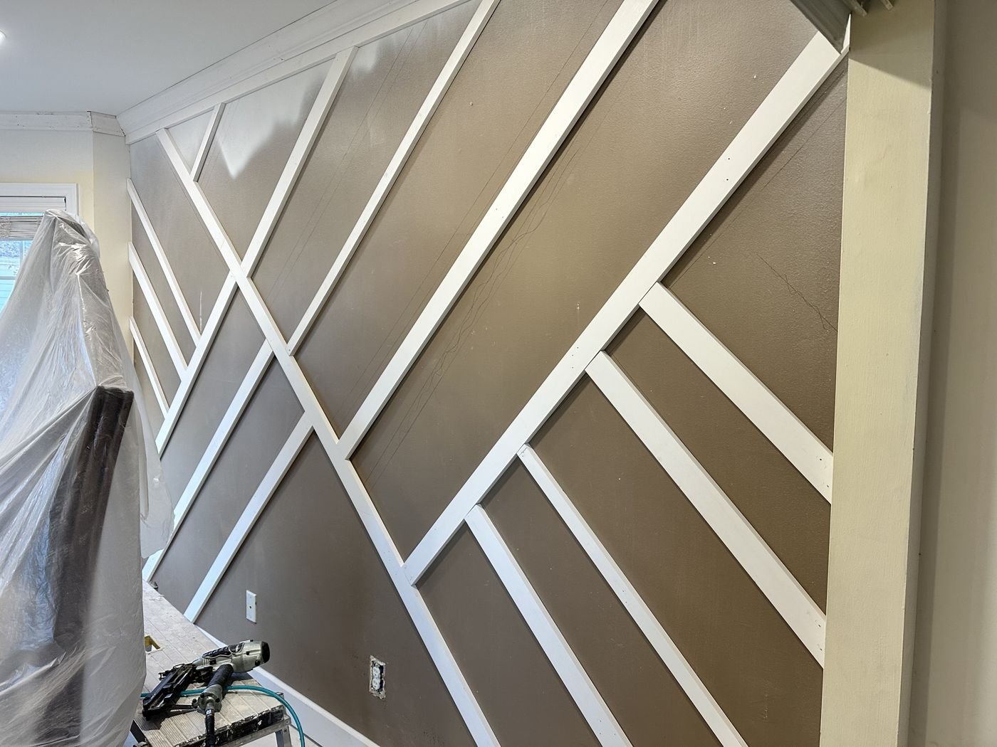 Geometric wood accent wall being installed — Triangle Home Handyman, Apex NC