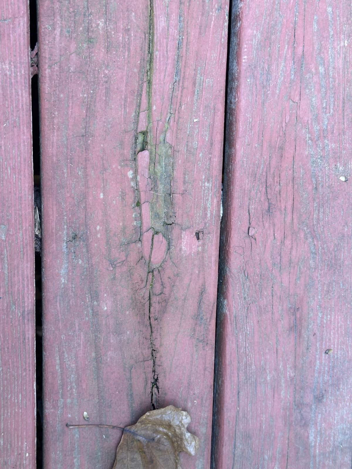 Cracked, splitting deck board with a wide gap before repair