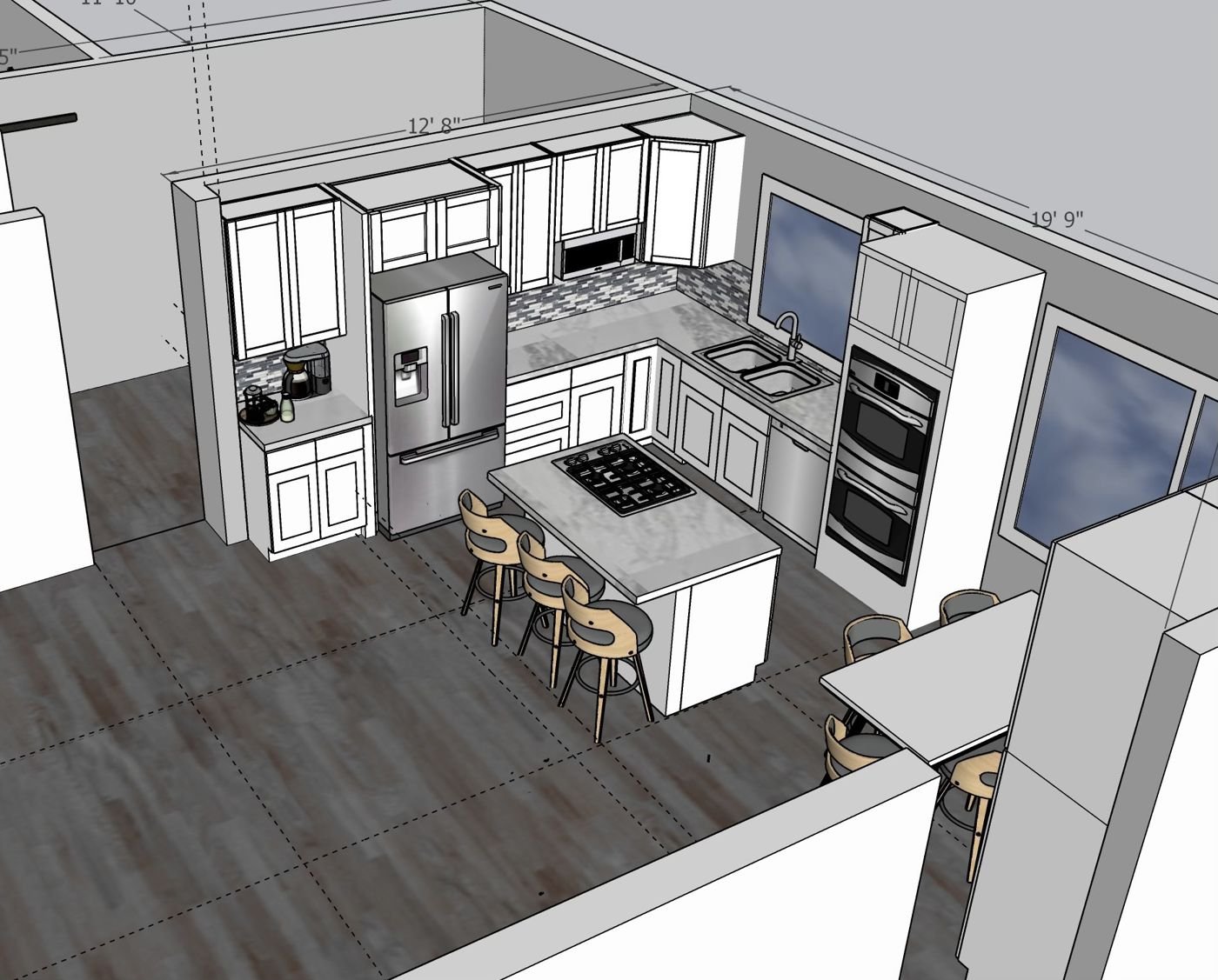 3D design drawing of a kitchen layout with an island and seating — Triangle Home Handyman, Apex NC